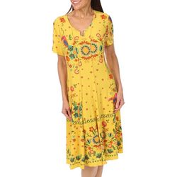 Womens Tropical Seamed Pleated Short Sleeve Dress