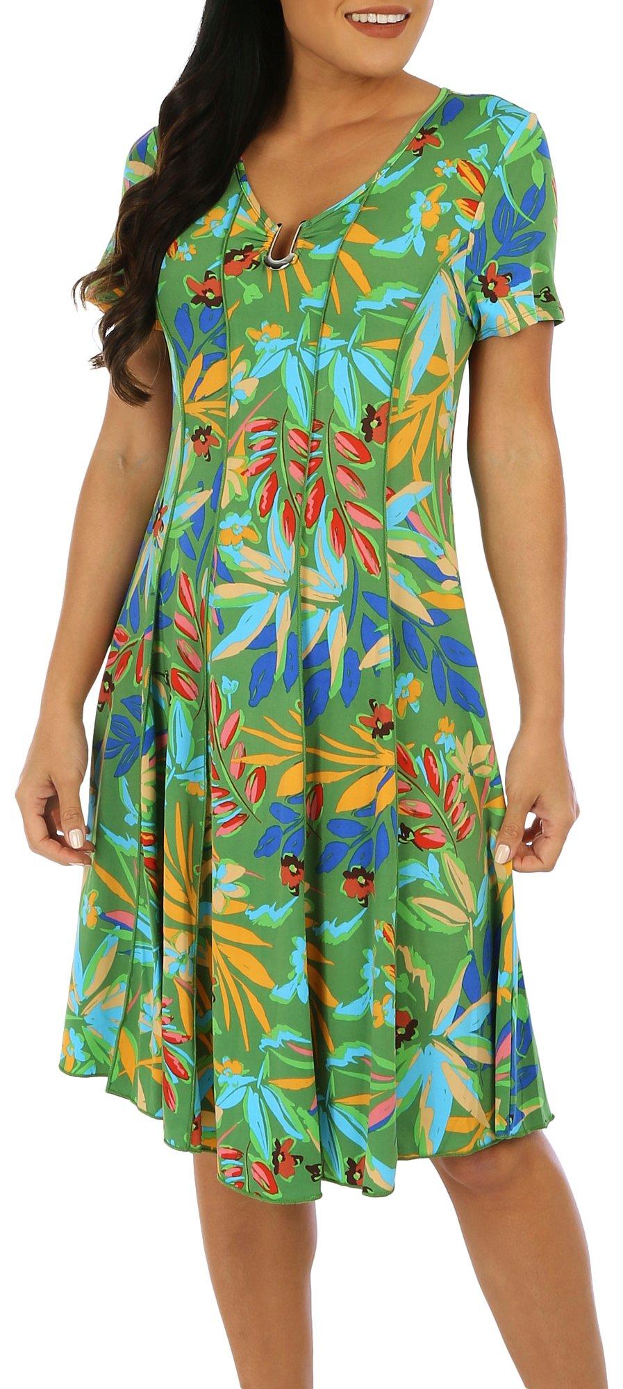 Womens Foliage Seamed Pleated Short Sleeve Dress