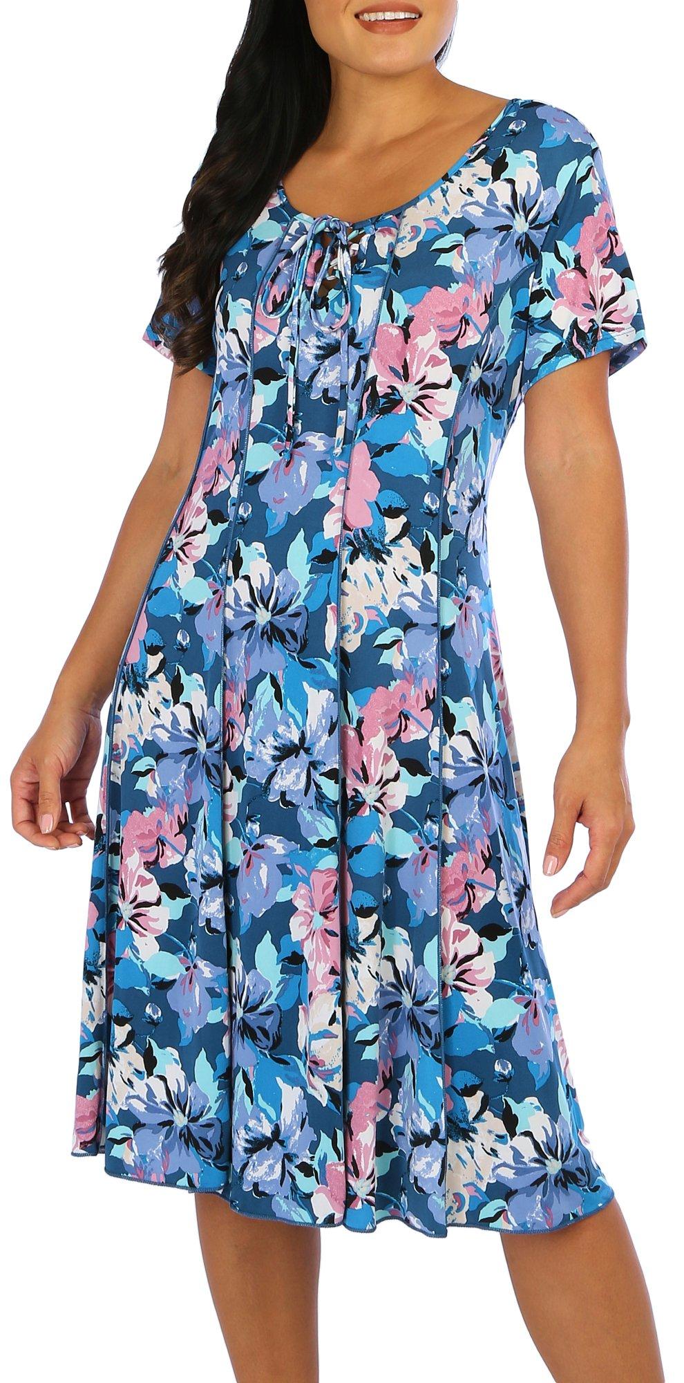Womens Floral Seamed Pleated Short Sleeve Dress