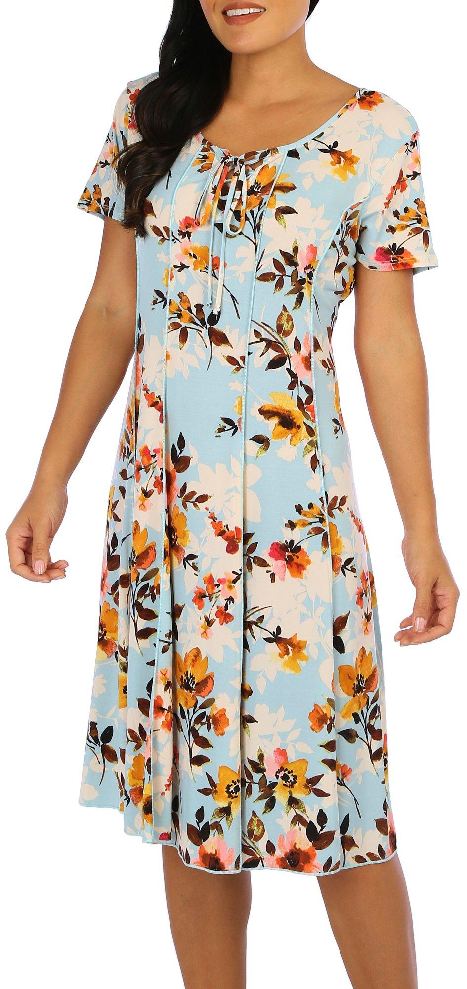 Womens Floral Seamed Pleated Short Sleeve Dress