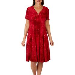 Womens Embroidered O-Ring Embellished Short Sleeve Dress