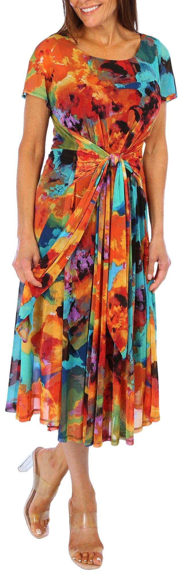 Womens Floral Painted Tie Waist Midi Dress