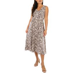 Womens Soft Leaf Print Button V Neck Sleeveless Dress