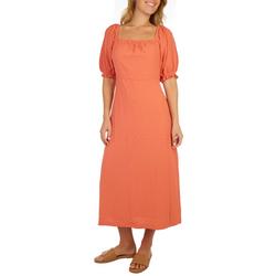 Womens Solid Smocked Button Long Puff Sleeve Dress