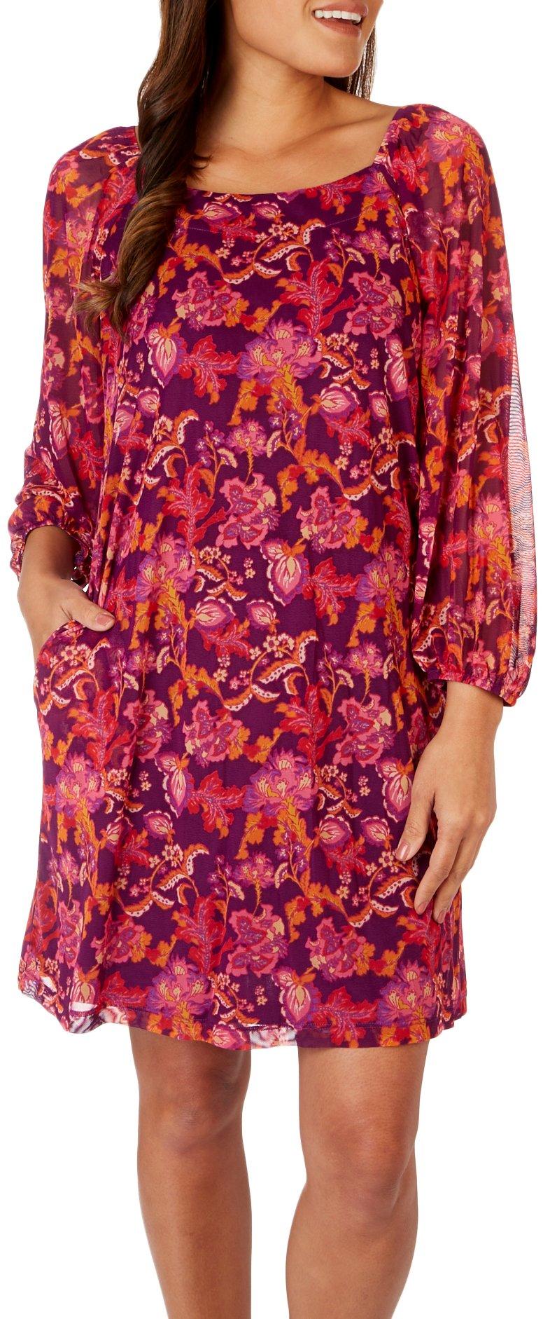 Womens Regal Floral Mesh Square Neck Long Sleeve Dress