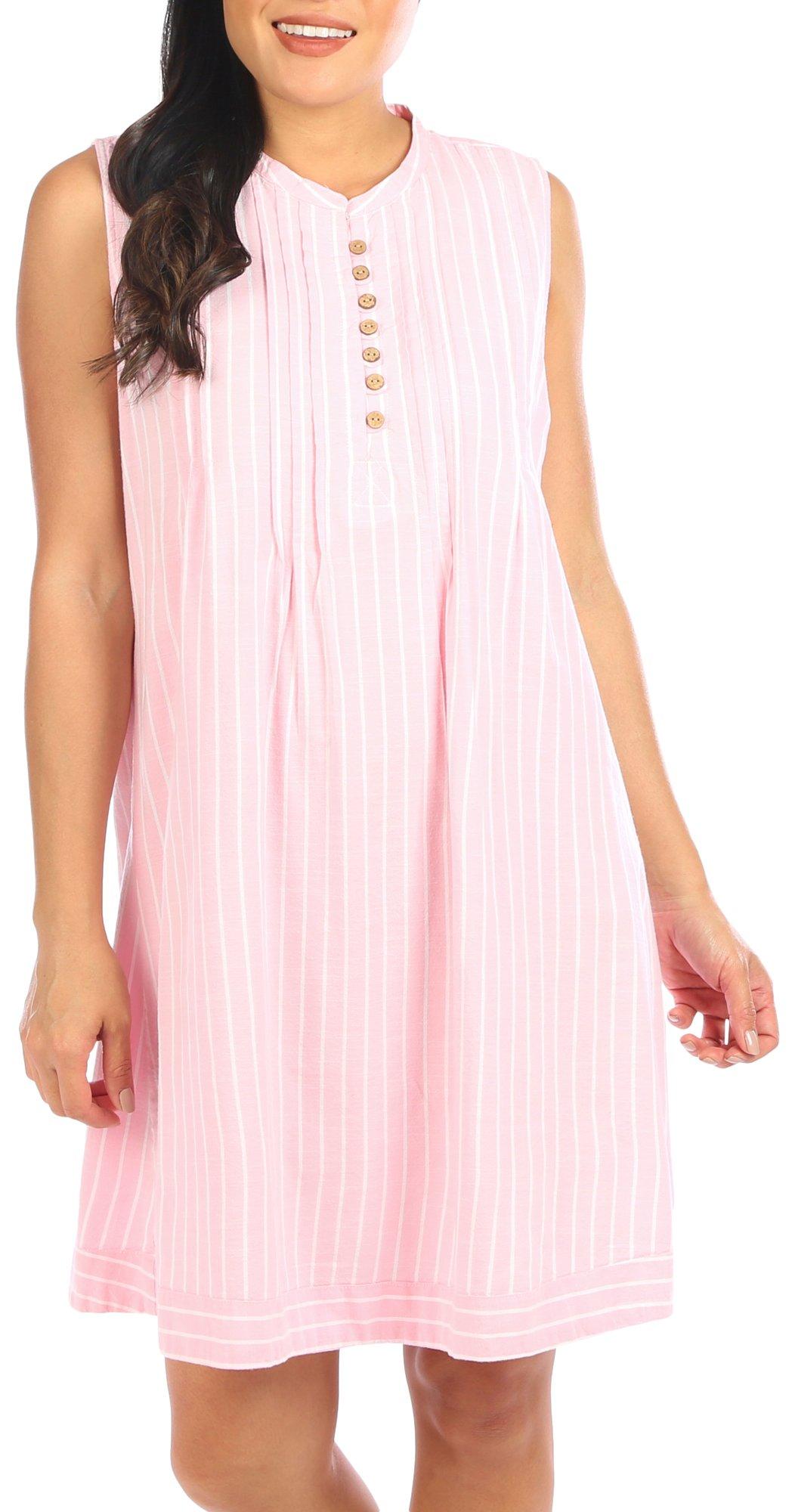 Womens Stripe Print Buttoned Sleeveless Dress
