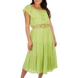 Womens Solid Off The Shoulder Belted Tiered Dress