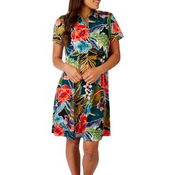 Cocomo Womens Tropical Floral Half Zip Short Sleeve  Dress