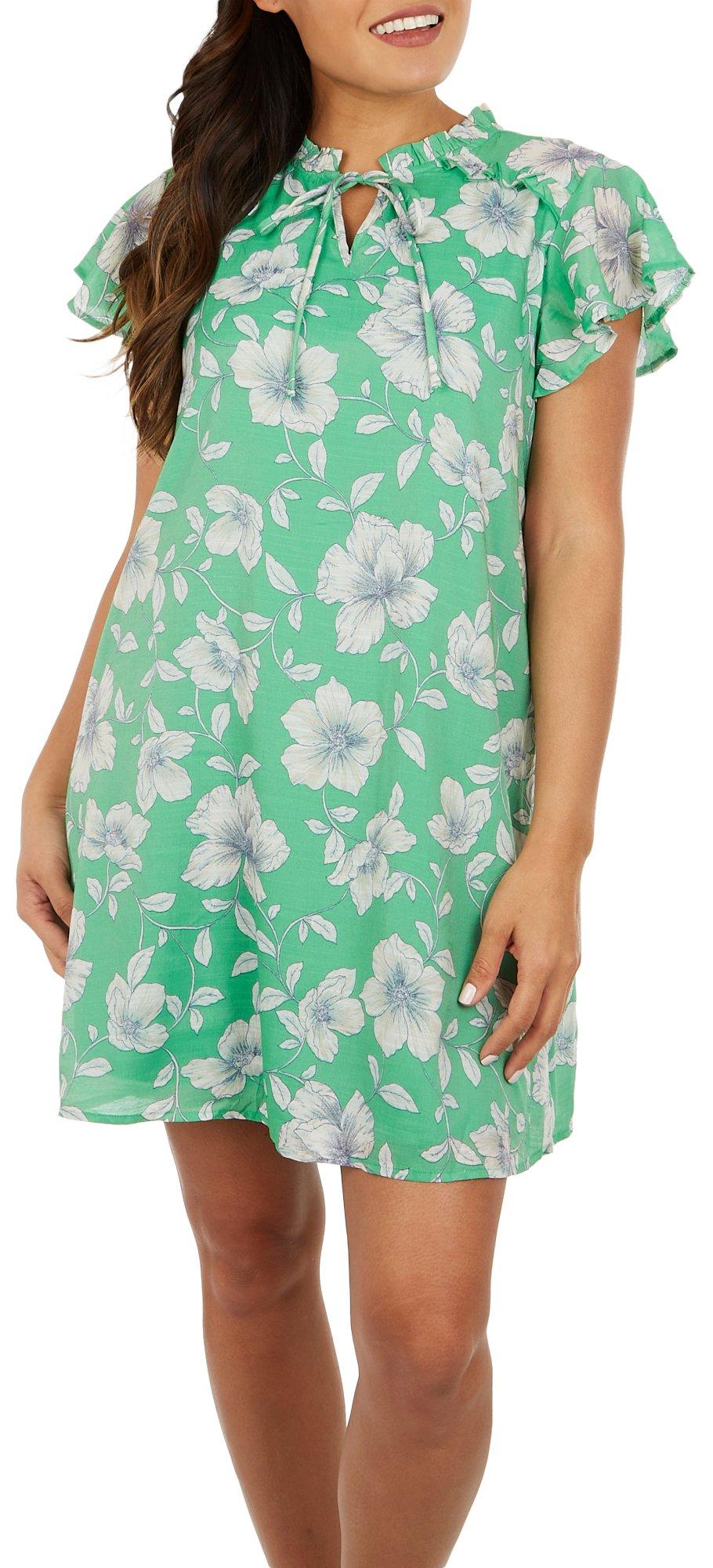 Womens Floral Tie Front Short Flutter Sleeve Dress