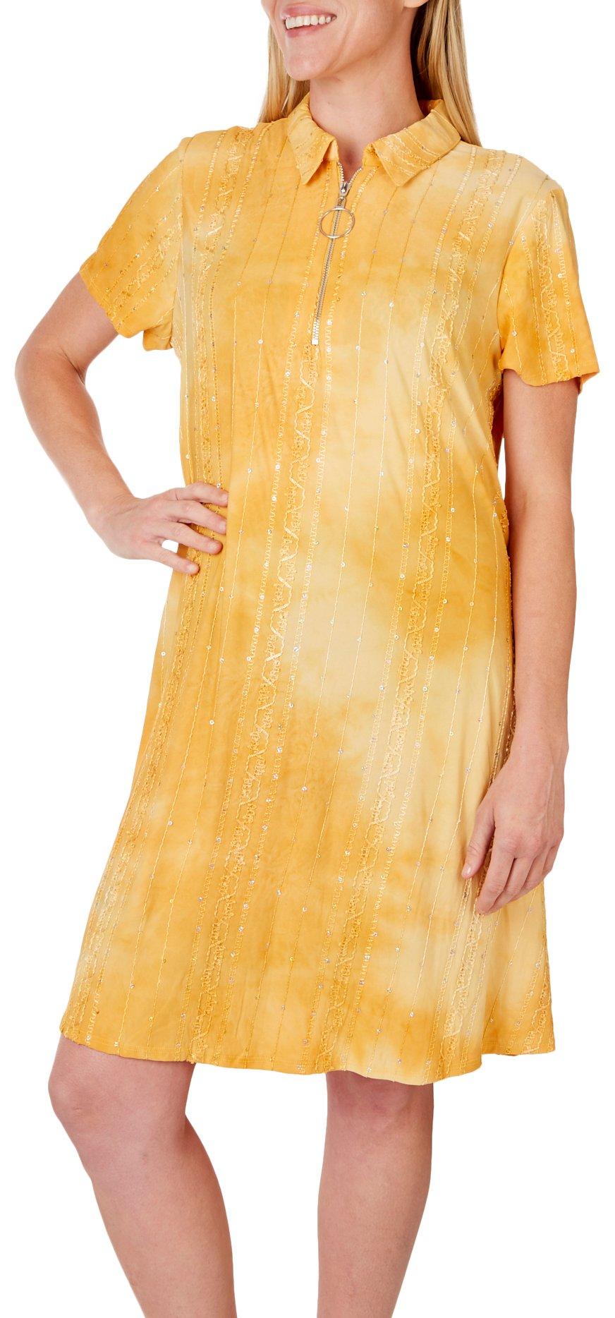 Womens Tie Dye Embellished Half Zip Short Sleeve Dress