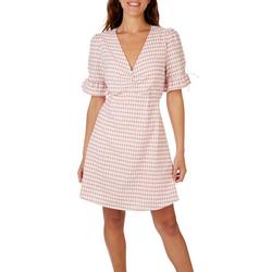 Womens Checkered Button Front Short Sleeve Dress