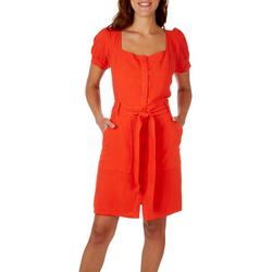 Womens Solid Square Neck Button Down Belted Dress