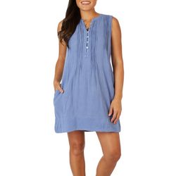 Lola River Womens Solid Pleated Buton Front Swing Dress