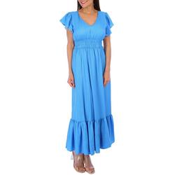 Womens Solid Smocked & Tiered Flutter Sleeve Dress
