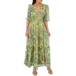 Taylor Womens Floral Smock Tiered Puff Sleeve Dress