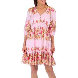 Womens Ribbed 3/4 Sleeve Floral Dress