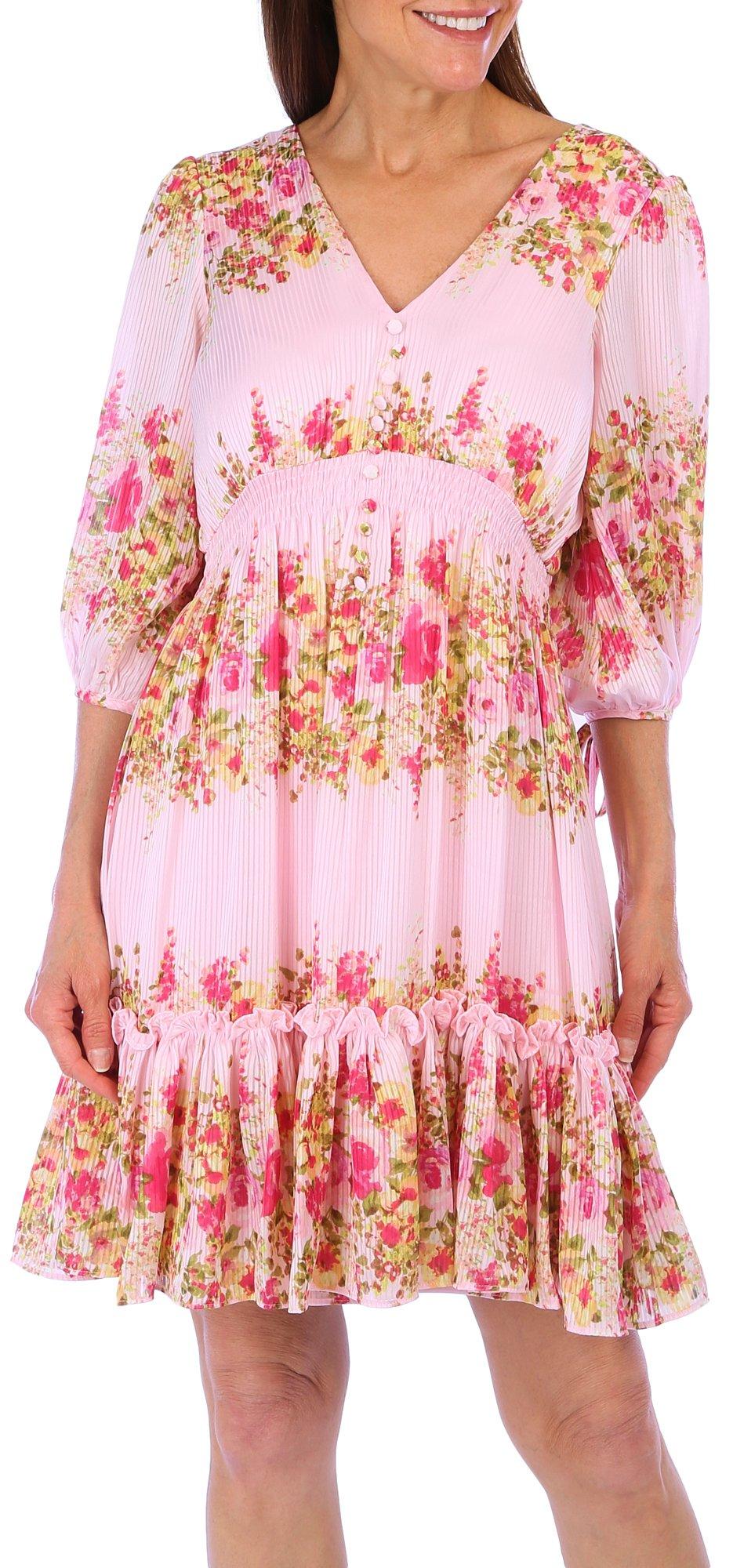 Womens Ribbed 3/4 Sleeve Floral Dress