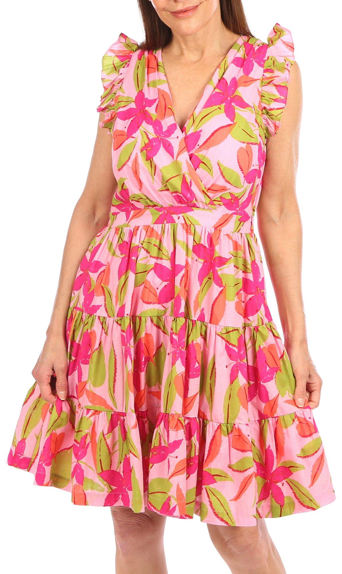 Taylor Womens Floral Tiered Flutter Sleeve Dress