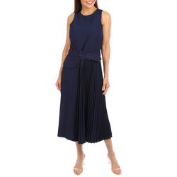 Womens Solid Pleated Pocket Dress