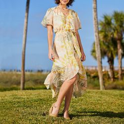 Womens Tropical Wrap High Low Ruffle Short Sleeve Dress