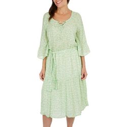 Womens Floral Vines Lace Up 3/4 Sleeve Tiered Dress
