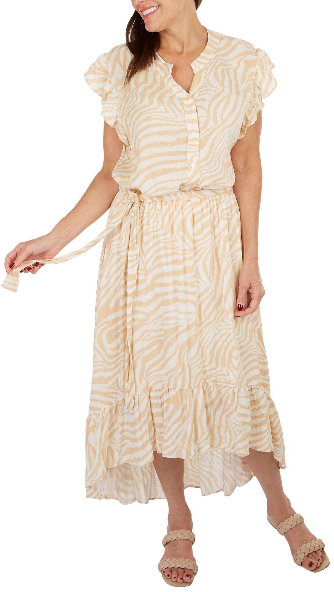 Womens Zebra Split Neck Ruffle Sleeveless High Low Dress