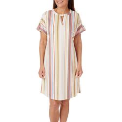 Womens Striped Keyhole Short Sleeve Dress