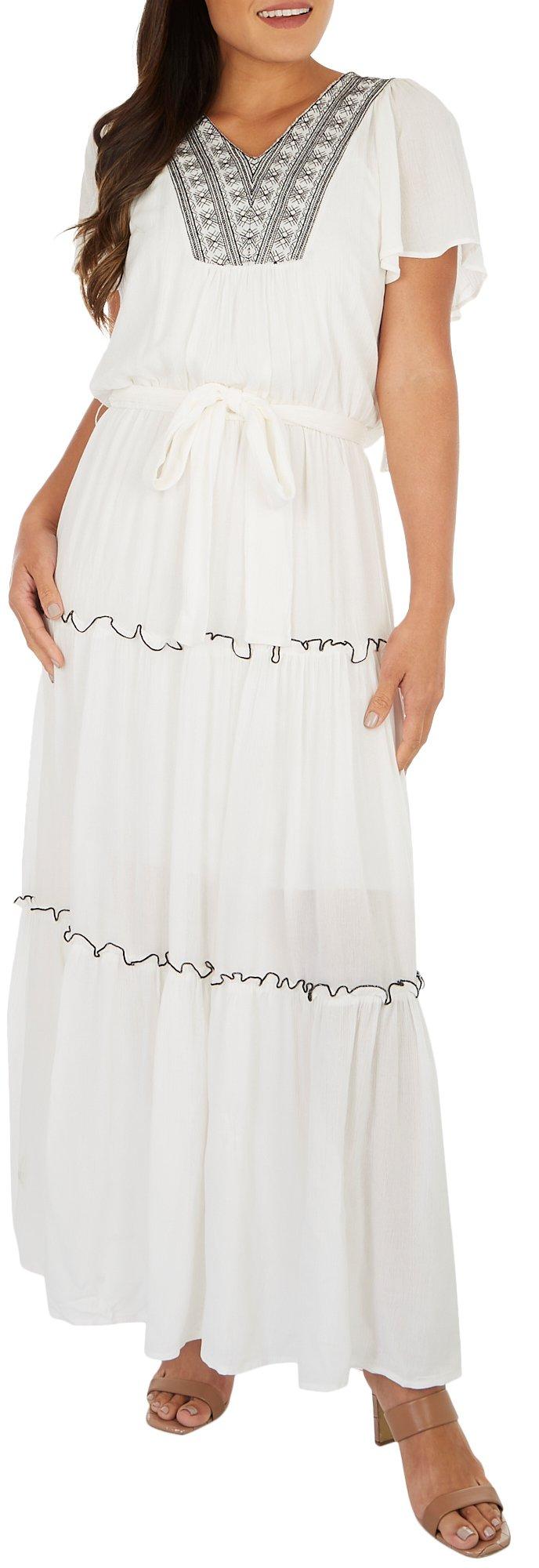 Womens Embroidered Wrap Ruffle Short Sleeve Dress