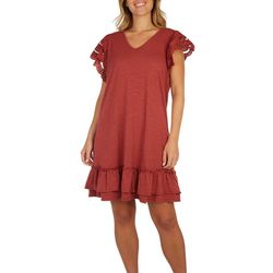 Cure Apparel Womens Solid V Neck Short Lace Sleeve Dress