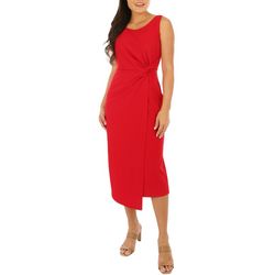 Womens Solid Side Detail Faux Wrap Sleeveless Dress