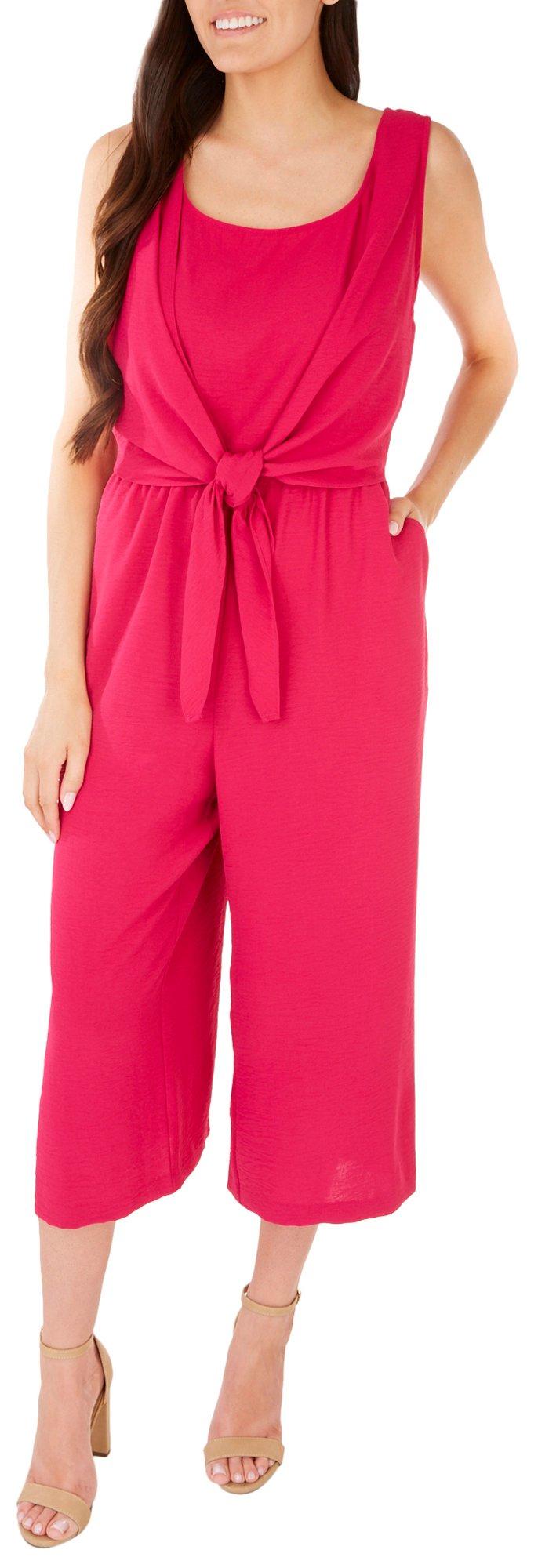 Womens Solid Tie Front Sleeveless Jumpsuit