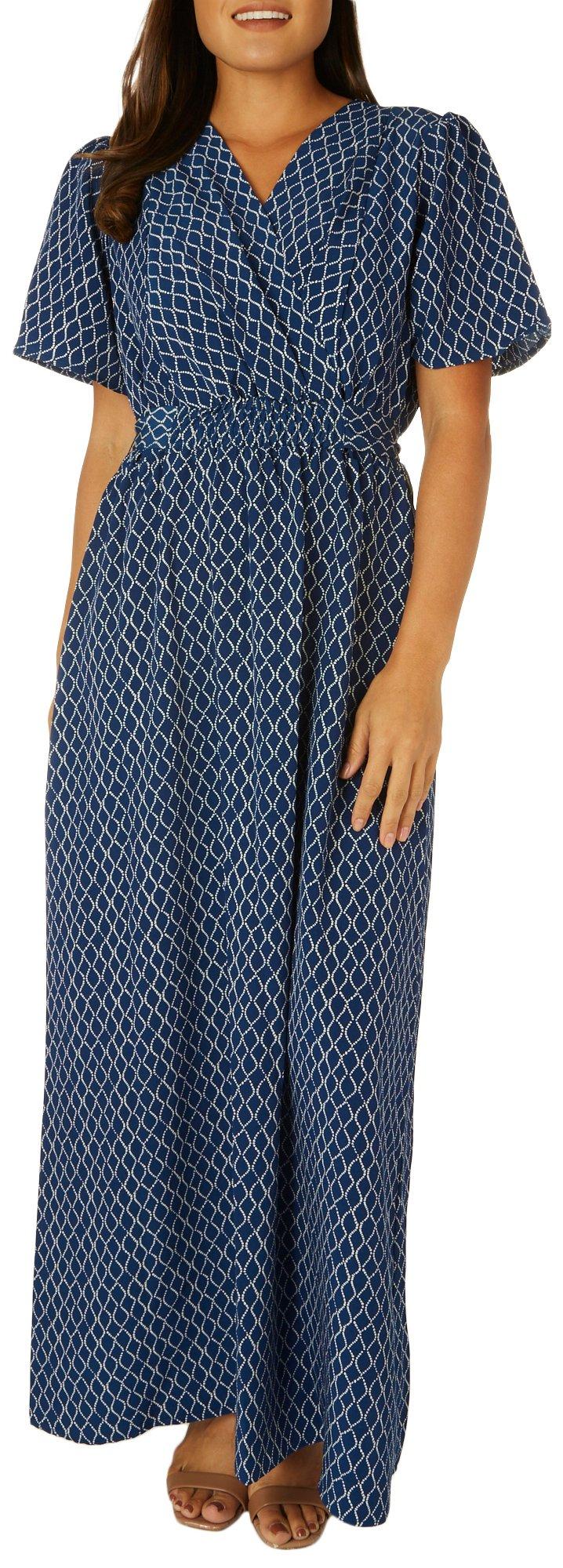 Womens Graphic Wrap Tie Back Short Sleeve Maxi Dress