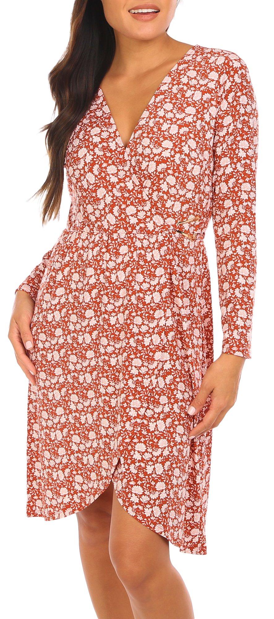 Womens Floral V Neck Wrap Front Midi Dress