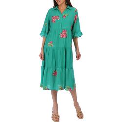 Womens Floral Collared Button Down Short Sleeve Dress
