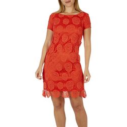 Luxology Womens Solid Dot Lace Short Sleeve Dress