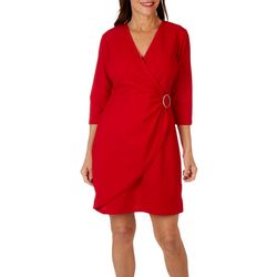 Luxology Womens Solid Wrap Circle Buckle 3/4 Sleeve Dress