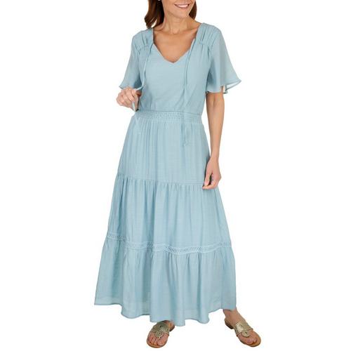 Luxology Womens Solid Keyhole Smocked Short Sleeve Dress