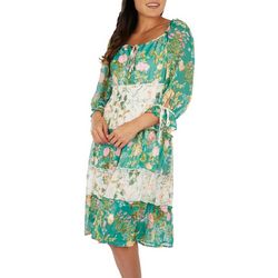 Womens Tiered Multi Floral 3/4 Sleeve Dress