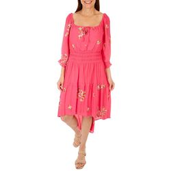 Womens Embroidered  Floral High Low 3/4 Sleeve Dress