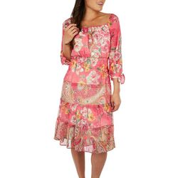 Womens Tiered Paisley Floral 3/4 Sleeve Dress