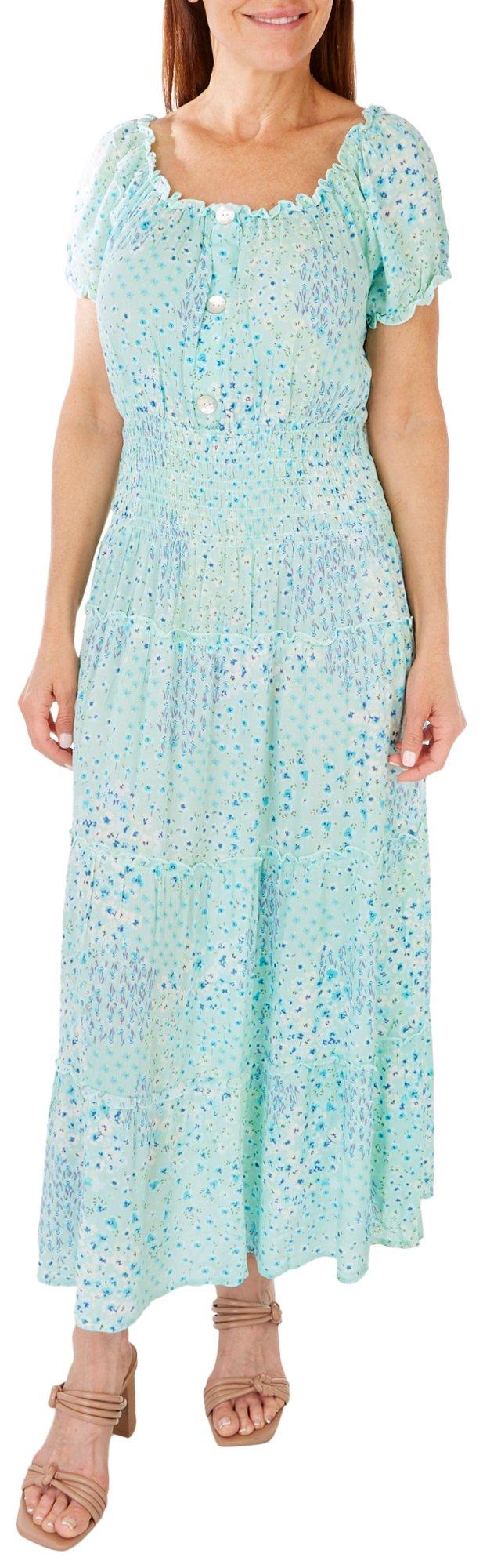 Womens Floral Button Tiered Short Sleeve Dress