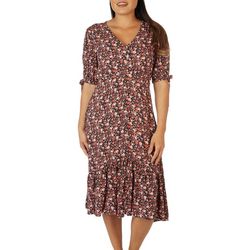 Luxology Womens Floral Button Front Tie Short Sleeve Dress
