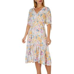 Womens Tropical Button Front Tie Sleeve Dress