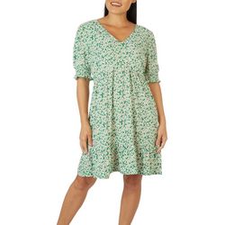 Luxology Womens Puff Smocked Sleeves Floral Dress