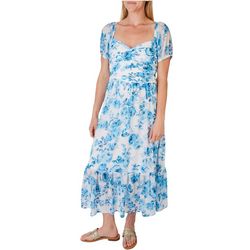 Luxology Womens Rose Ruched Puff Short Sleeve Maxi Dress