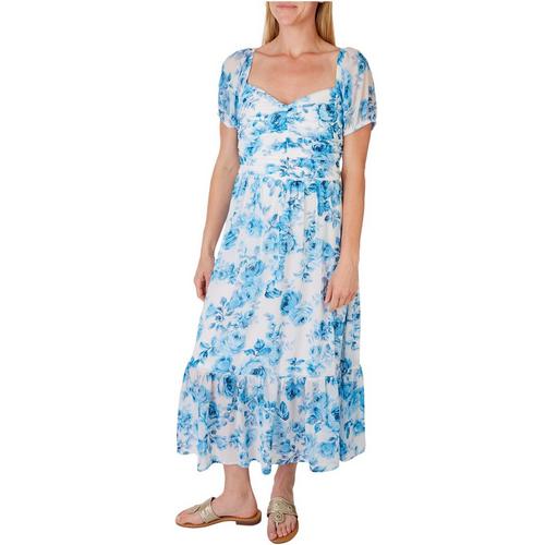 Luxology Womens Rose Ruched Puff Short Sleeve Maxi