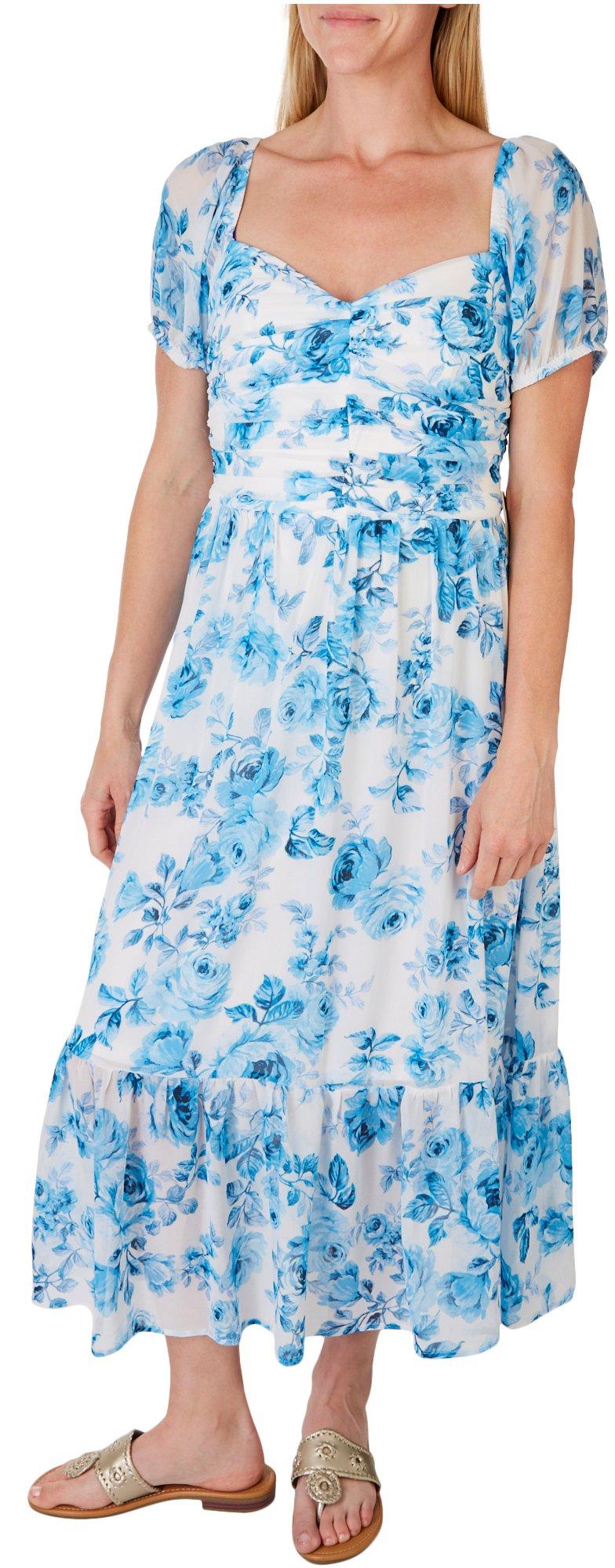 Womens Rose Ruched Puff Short Sleeve Maxi Dress