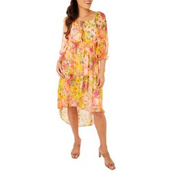 Womens Watercolor Floral High Low 3/4 Sleeve Dress