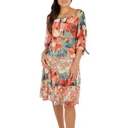 Womens Tiered Painted Floral 3/4 Sleeve Dress