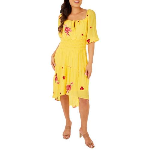 Womens Floral Embroidered High Low 3/4 Sleeve Dress